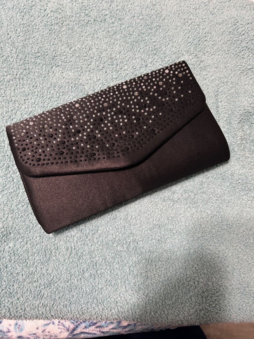 Black Satin Clutch with Rhinestone Accent - Evening Bag